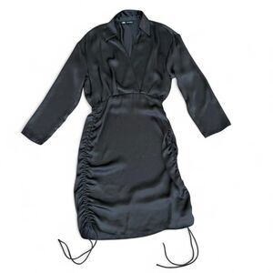 Zara black satin feel polyester dress with ruched waist and tie detail Size M